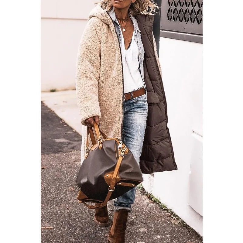 Reversible Sherpa Fleece Long Hooded Puffer Jacket