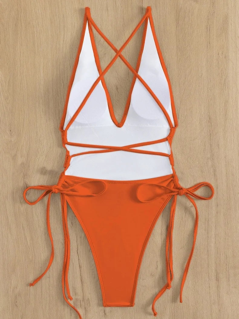 Solid Lace Up Swimsuit For Woman
