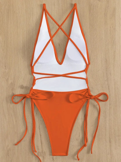 Solid Lace Up Swimsuit For Woman