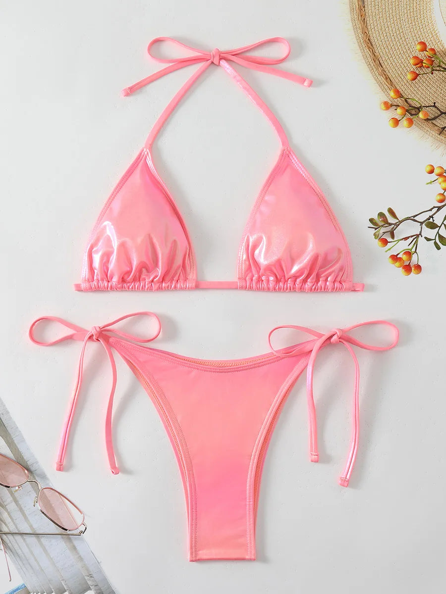 Leather Halter Strappy Gradient Bikini
