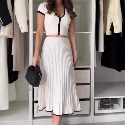 Two Piece Women Short Sleeve V Neck Skirt Set