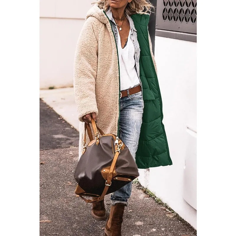 Reversible Sherpa Fleece Long Hooded Puffer Jacket