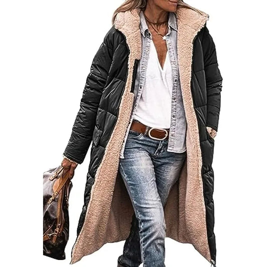 Reversible Sherpa Fleece Long Hooded Puffer Jacket