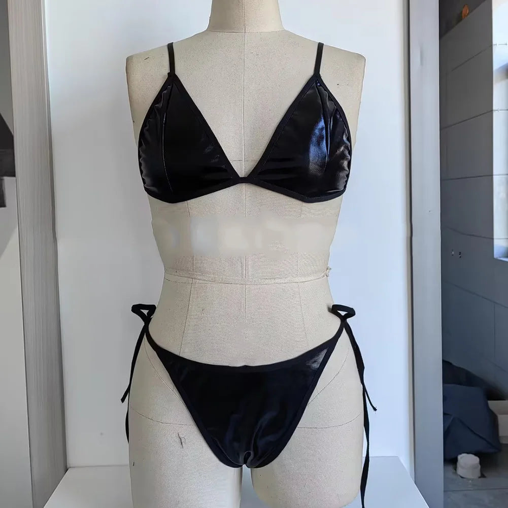Women Sexy Halter Lace Up PU Leather Bikinis