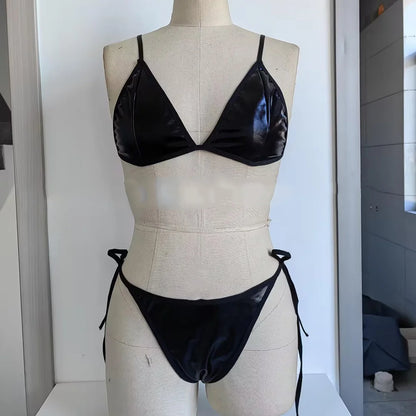 Women Sexy Halter Lace Up PU Leather Bikinis