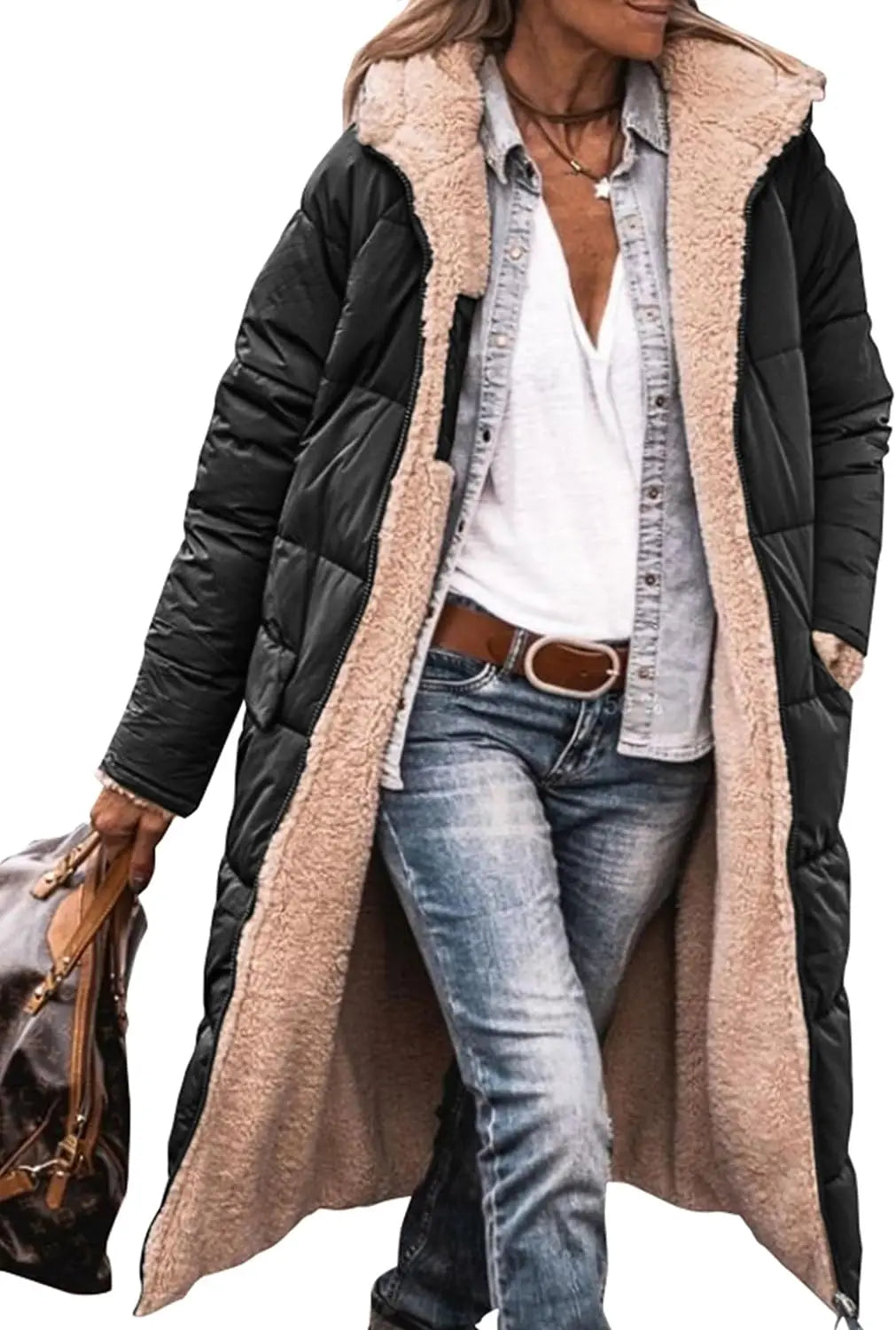 Reversible Sherpa Fleece Long Hooded Puffer Jacket