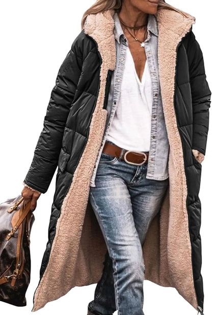 Reversible Sherpa Fleece Long Hooded Puffer Jacket