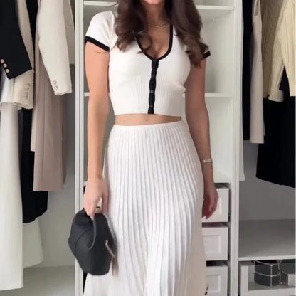 Two Piece Women Short Sleeve V Neck Skirt Set