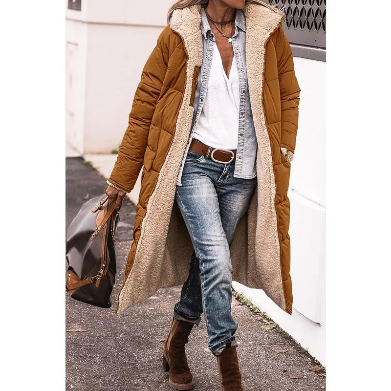 Reversible Sherpa Fleece Long Hooded Puffer Jacket