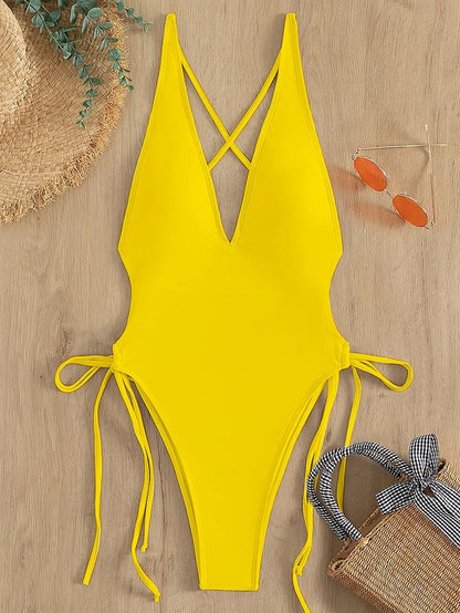 Solid Lace Up Swimsuit For Woman