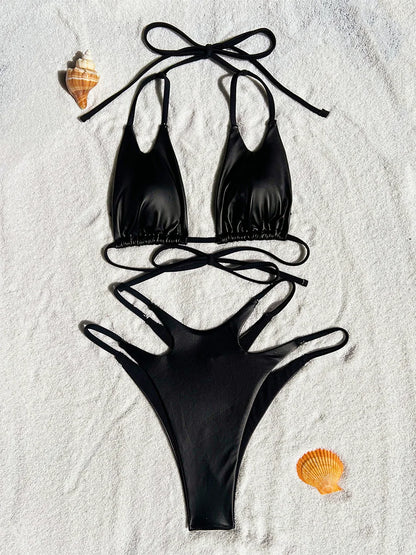 Shiny Halter High Cut Two-pieces Bikini