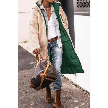 Reversible Sherpa Fleece Long Hooded Puffer Jacket