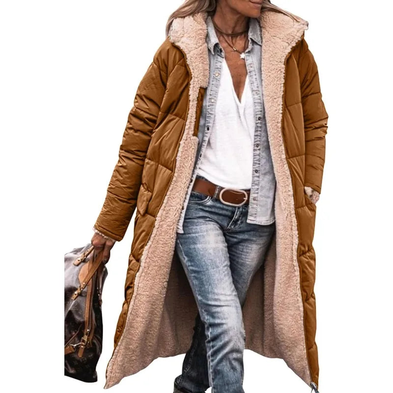 Reversible Sherpa Fleece Long Hooded Puffer Jacket