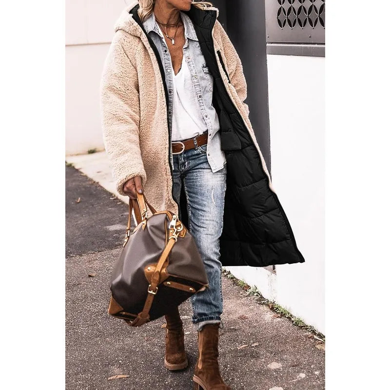 Reversible Sherpa Fleece Long Hooded Puffer Jacket