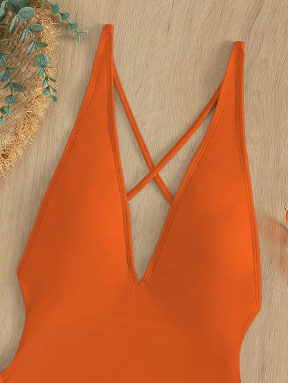 Solid Lace Up Swimsuit For Woman