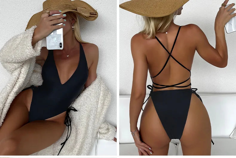 Solid Lace Up Swimsuit For Woman