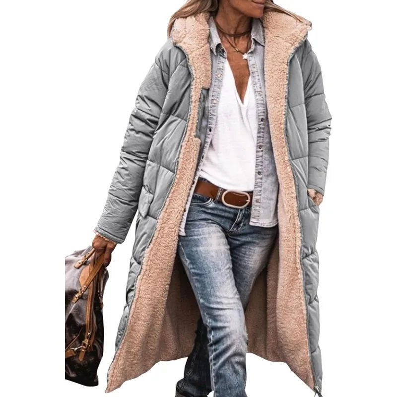 Reversible Sherpa Fleece Long Hooded Puffer Jacket