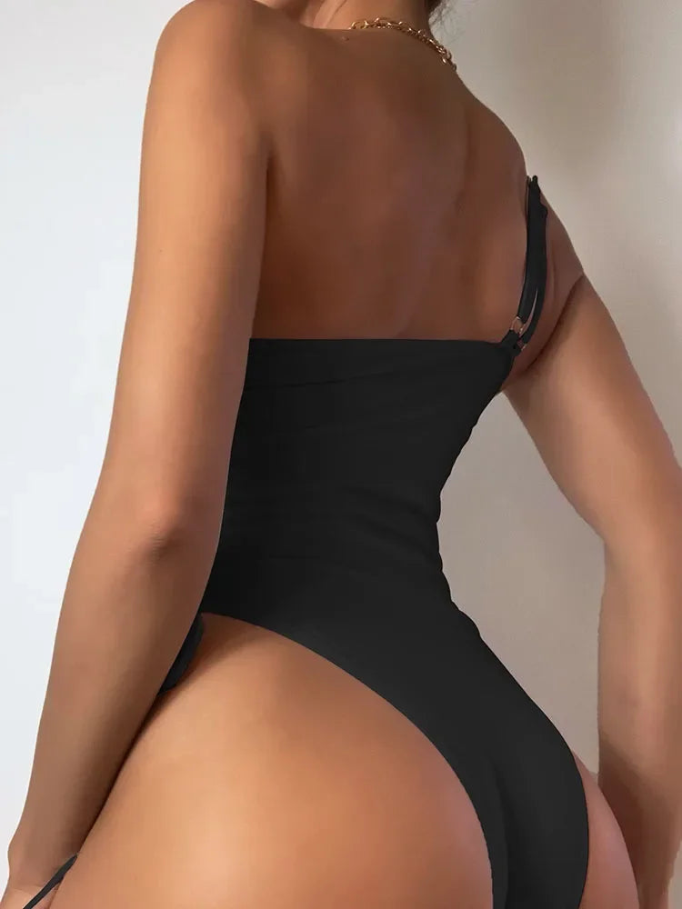 Solid Lace Up Swimsuit For Woman