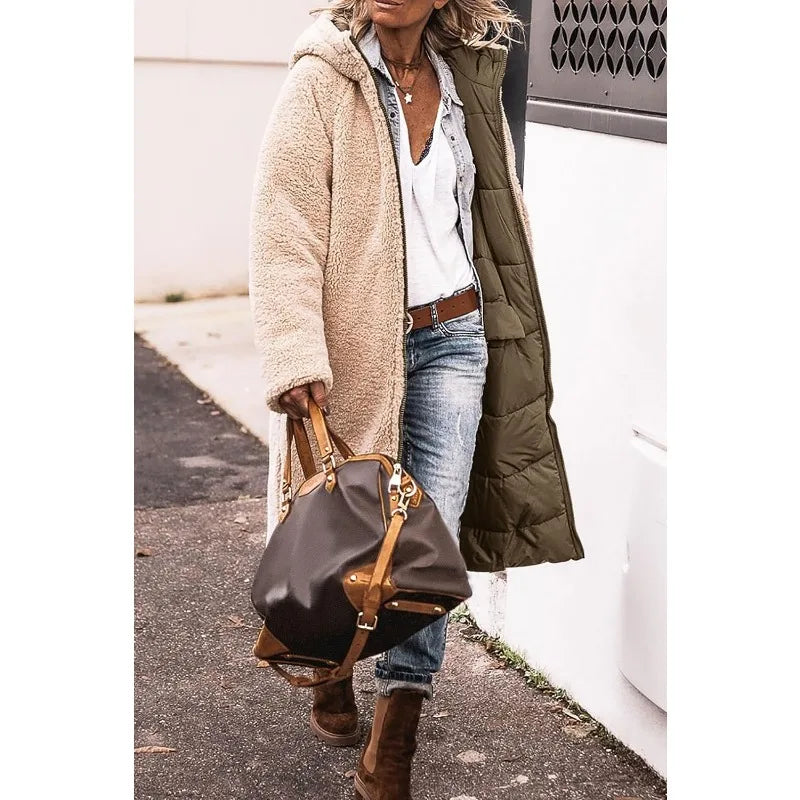 Reversible Sherpa Fleece Long Hooded Puffer Jacket