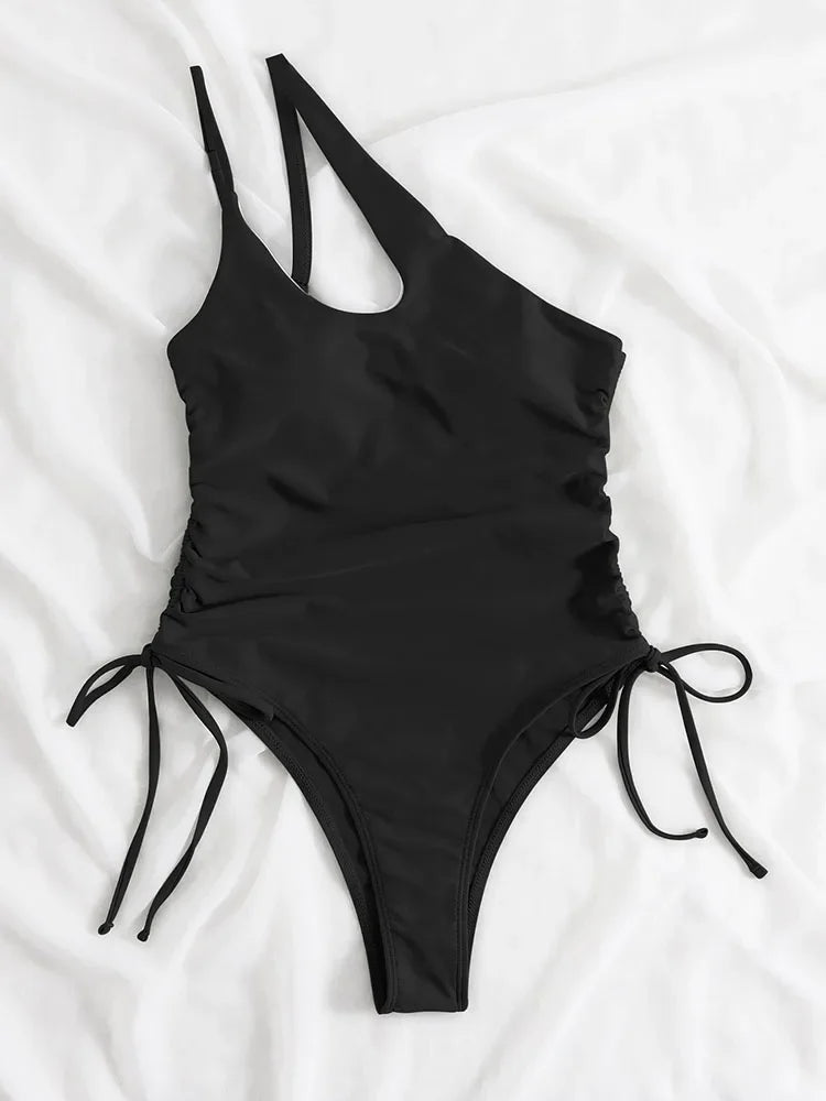 Solid Lace Up Swimsuit For Woman