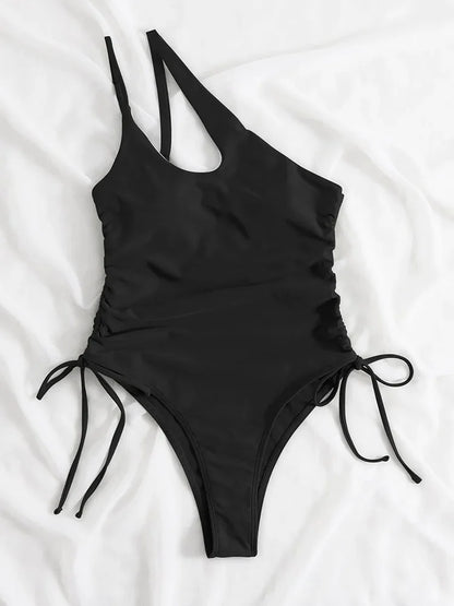 Solid Lace Up Swimsuit For Woman