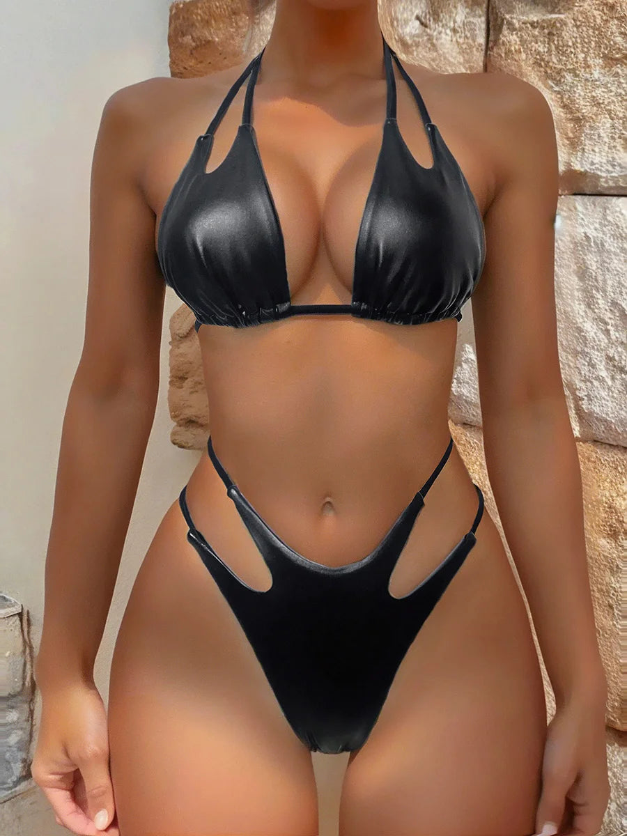 Shiny Halter High Cut Two-pieces Bikini