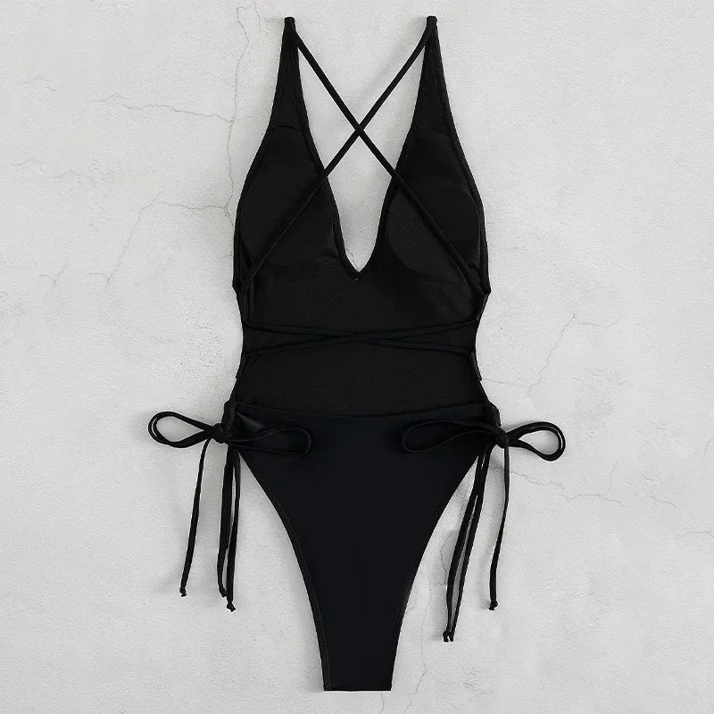 Solid Lace Up Swimsuit For Woman