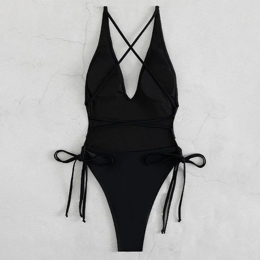 Solid Lace Up Swimsuit For Woman