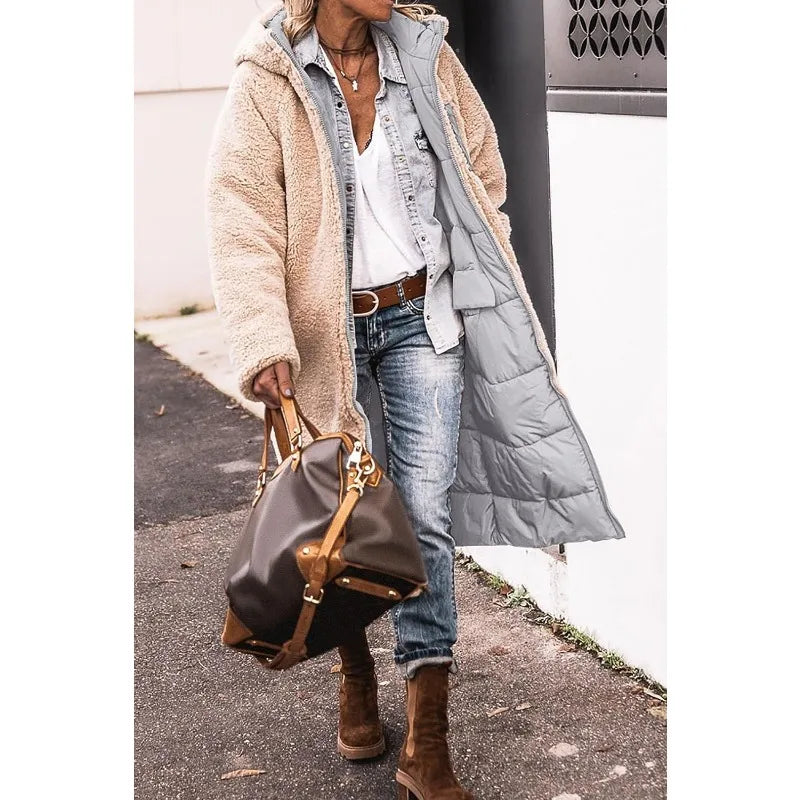 Reversible Sherpa Fleece Long Hooded Puffer Jacket