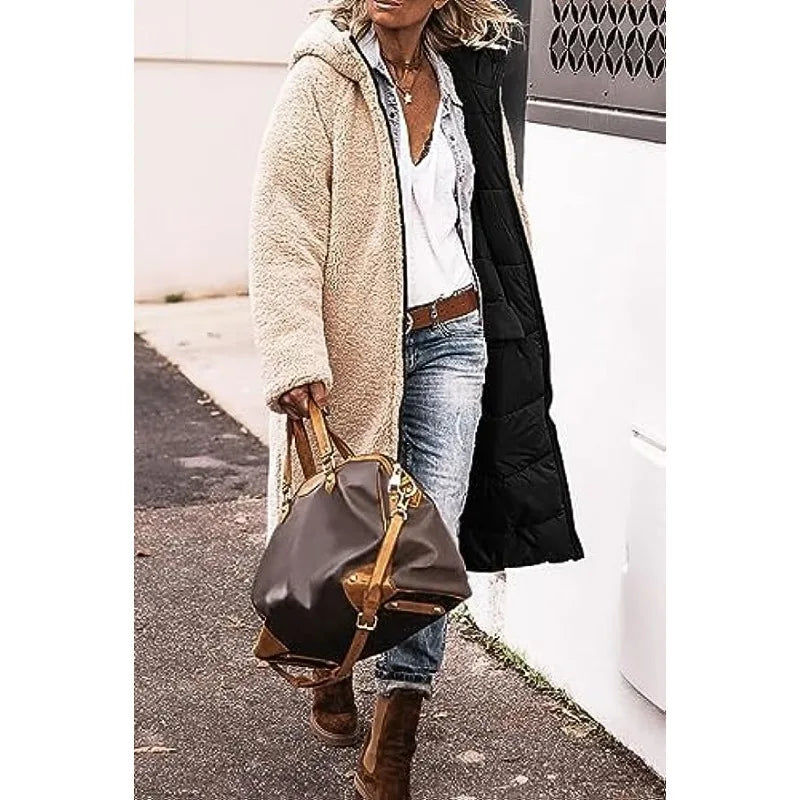 Reversible Sherpa Fleece Long Hooded Puffer Jacket