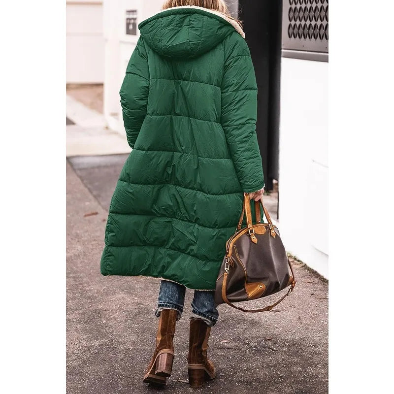 Reversible Sherpa Fleece Long Hooded Puffer Jacket