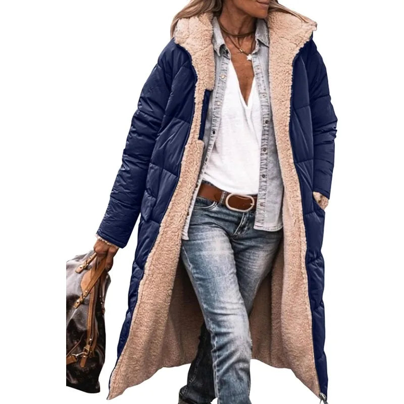 Reversible Sherpa Fleece Long Hooded Puffer Jacket