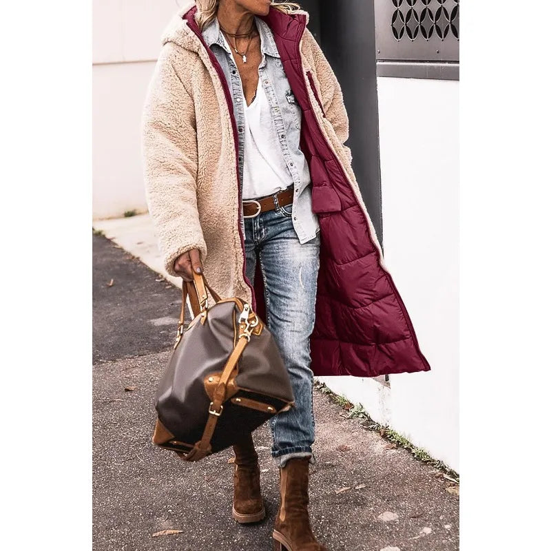 Reversible Sherpa Fleece Long Hooded Puffer Jacket