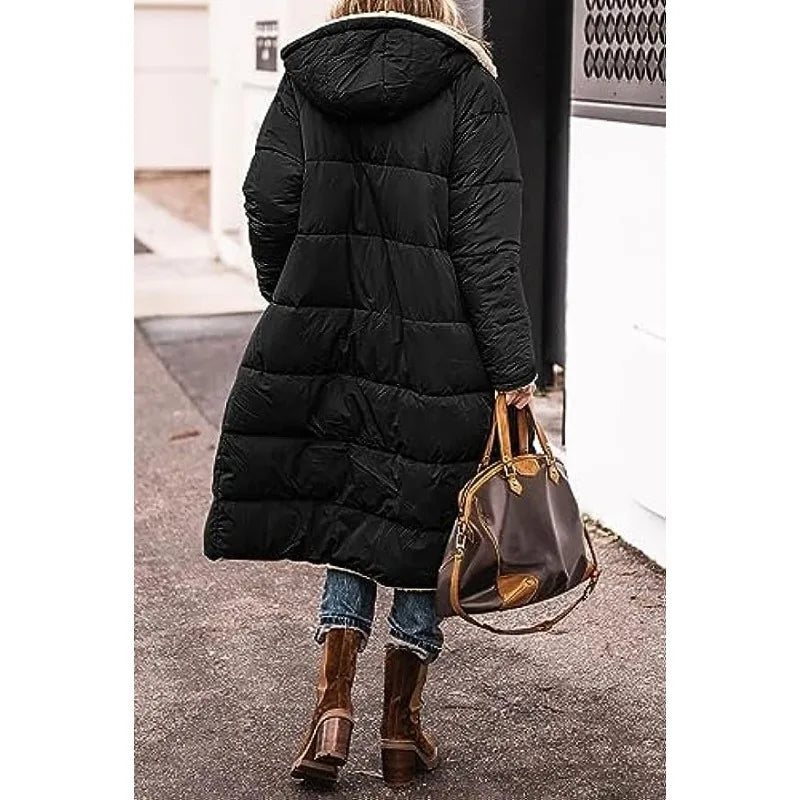 Reversible Sherpa Fleece Long Hooded Puffer Jacket