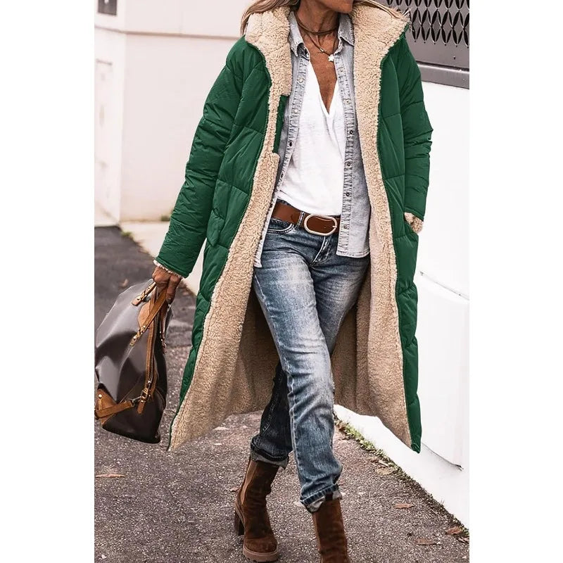 Reversible Sherpa Fleece Long Hooded Puffer Jacket