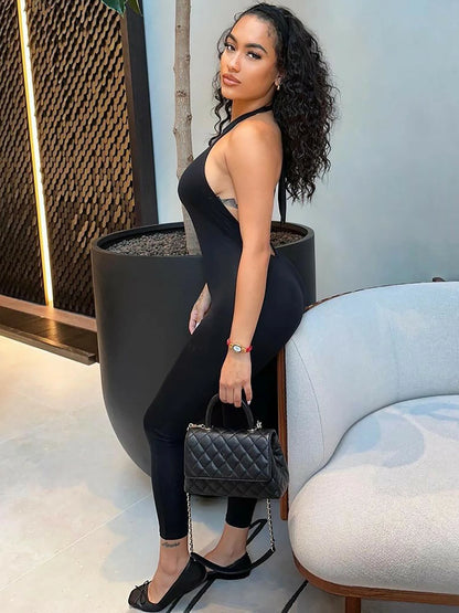 Sleeveless Halter Backless Lace Up Jumpsuit