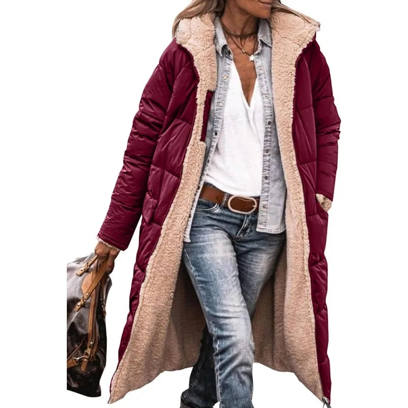 Reversible Sherpa Fleece Long Hooded Puffer Jacket