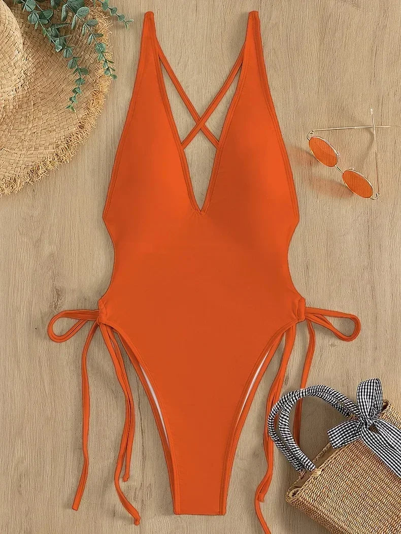 Solid Lace Up Swimsuit For Woman