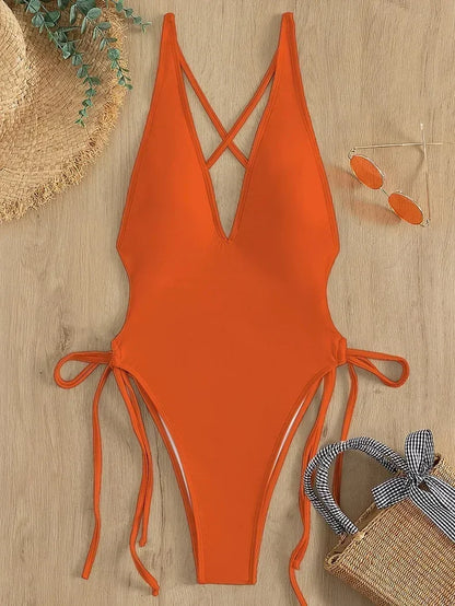 Solid Lace Up Swimsuit For Woman