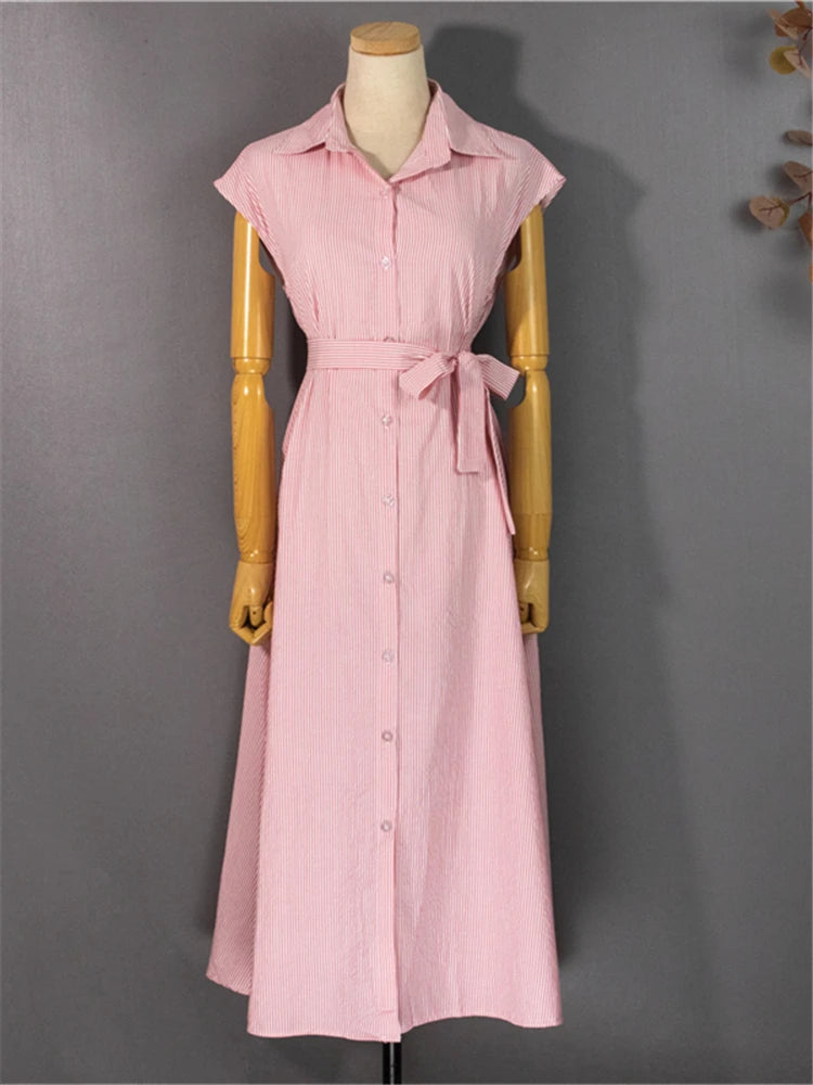 Women Striped Reglan Lace Up Elegant Long Dresses
