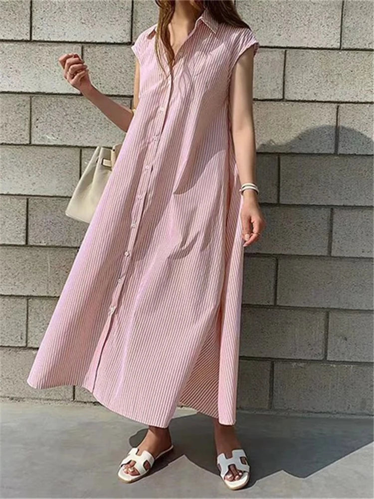 Women Striped Reglan Lace Up Elegant Long Dresses