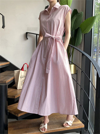 Women Striped Reglan Lace Up Elegant Long Dresses
