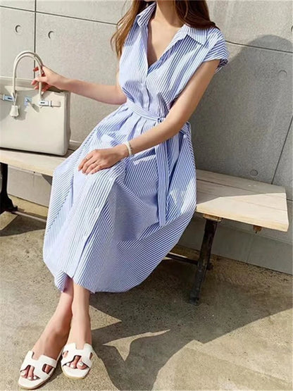 Women Striped Reglan Lace Up Elegant Long Dresses