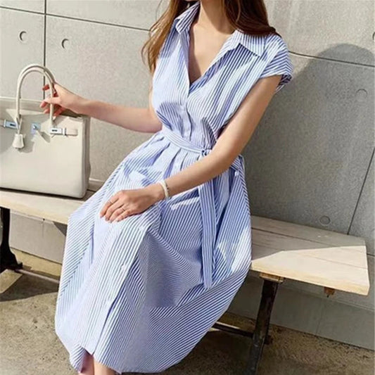 Women Striped Reglan Lace Up Elegant Long Dresses