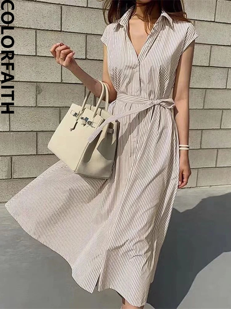 Women Striped Reglan Lace Up Elegant Long Dresses